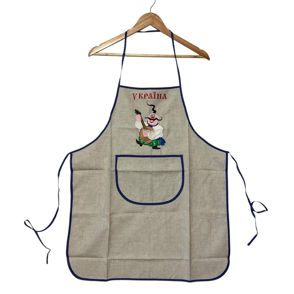 UKRAINE OS Unisex Apron Linen Flax Front Pocket Musical Guy Taupe Gray Blue Trim
